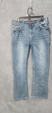 Rock & Roll Cowgirl BluJeans Womens 28x34 Mid Rise Denim Rhinestones distressed